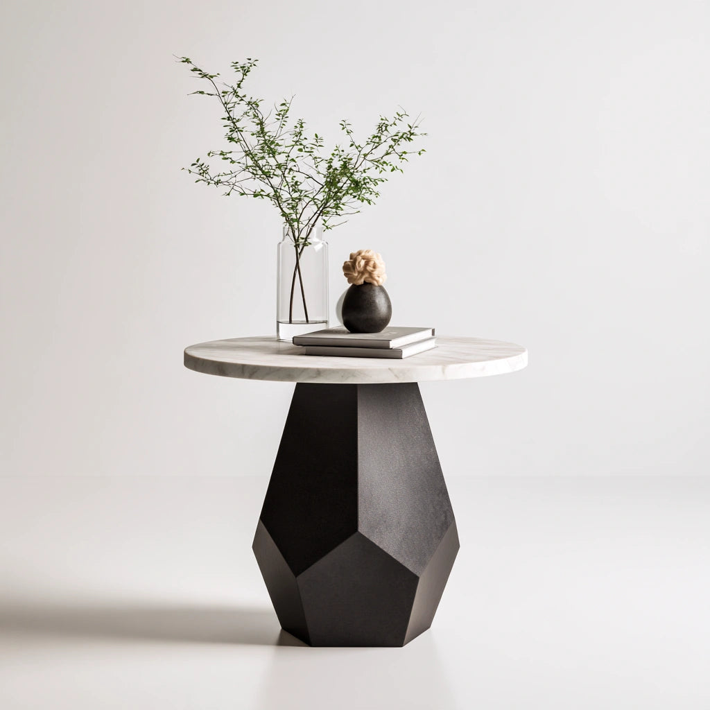 Table d'appoint à finition effet marbre, coloris noir et blanc