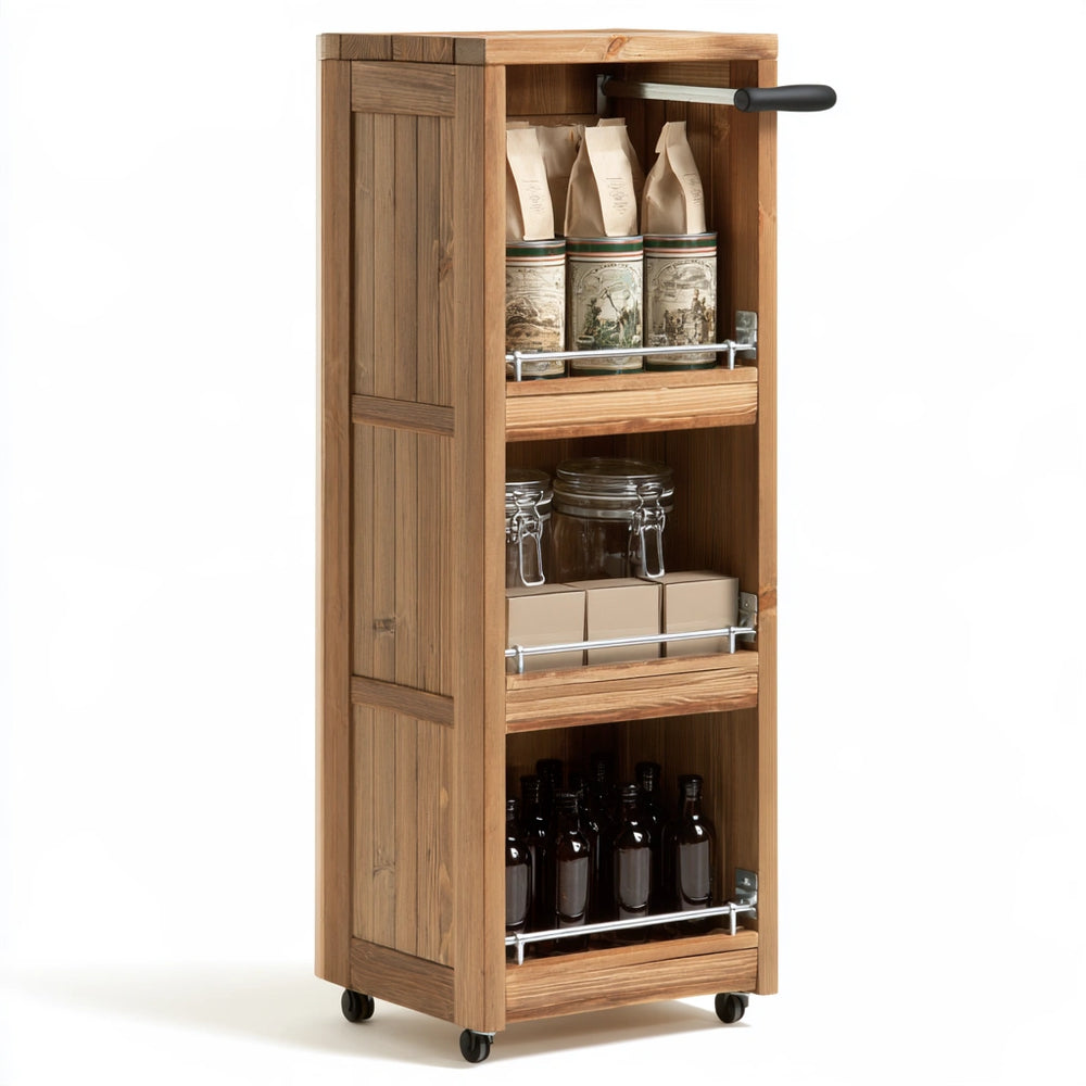 Étagère à épices mobile en bois sur roulettes, coloris brun naturel